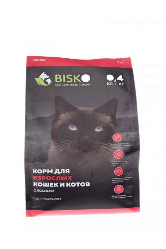 Корм для кошек BISKO с лососем, для кошек с чувствительным пищеварением, 0,4кг металлизированный пакет