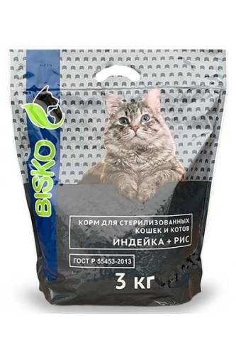 Корм для стерилизованных кошек BISKO sterillized с индейкой и рисом, 3кг 